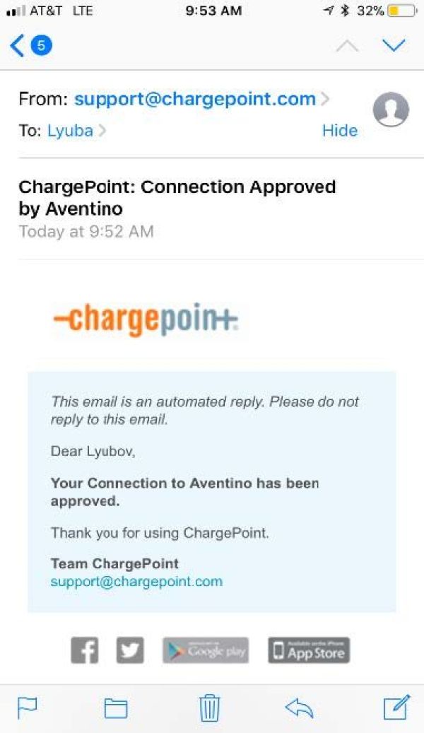 ChargePoint approval email notice